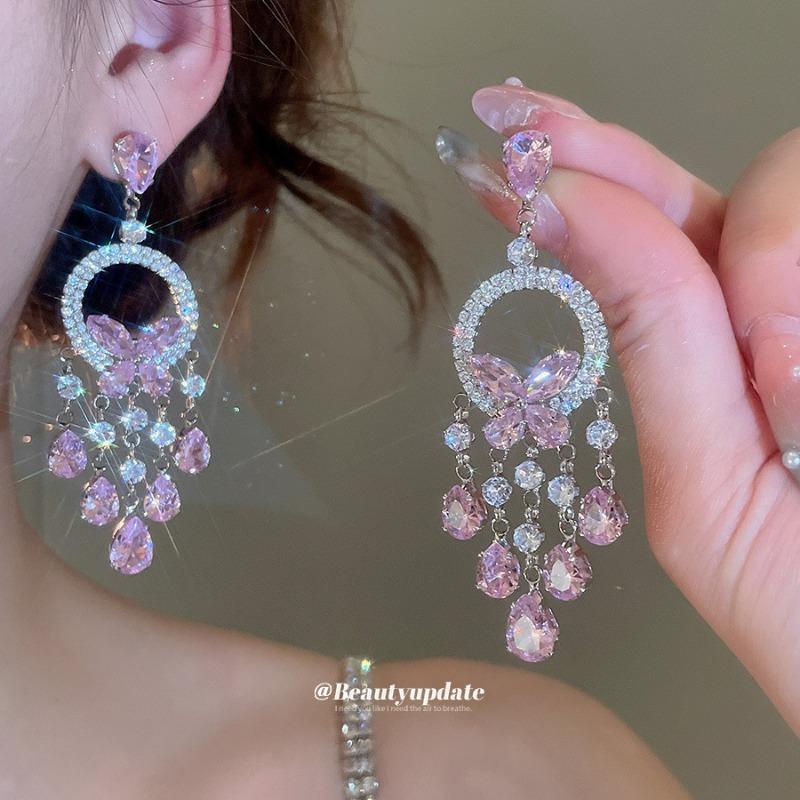 Zircon round butterfly tassel necklace earrings set French elegant light luxury collarbone chain niche high-end jewelry
