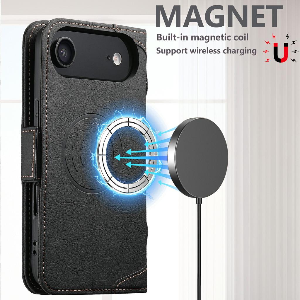 SUTENI J07 For iPhone Air Case Compatible with MagSafe Litchi Texture Leather Wallet Phone Cover