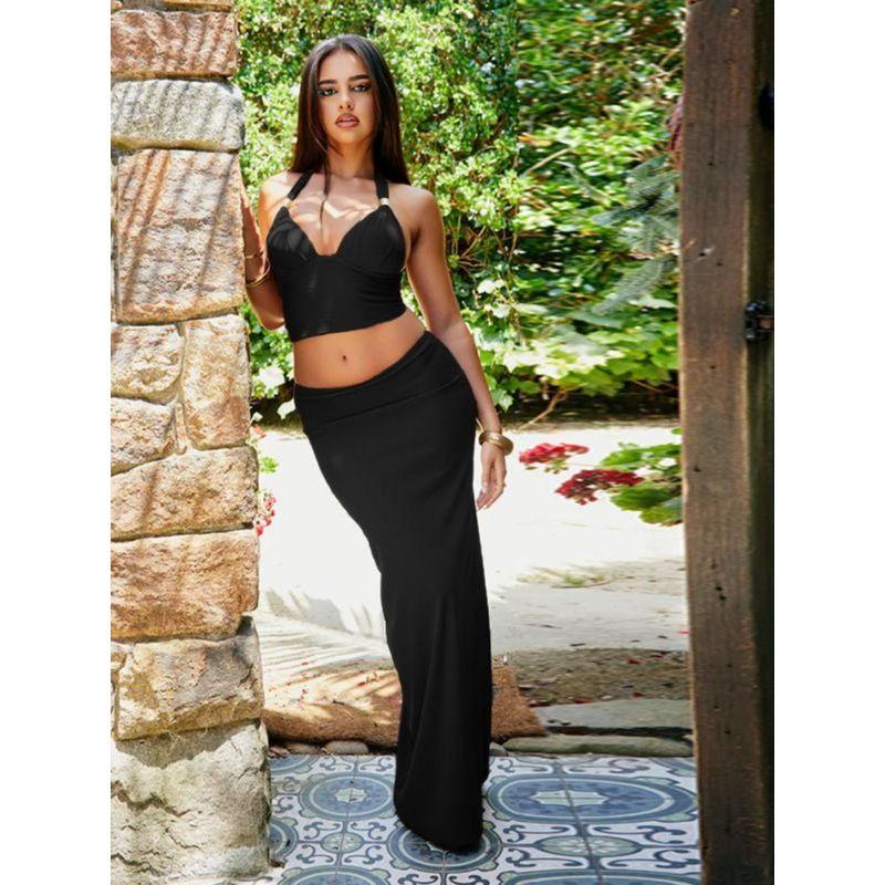 European and American Elegant Ins Holiday Style Sexy Set Gyaru Backless Top Half-Length Skirts Vest Outer Wear Two-piece Set