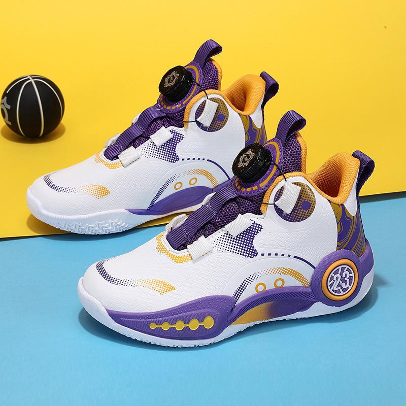 Boys' sports shoes new leather surface children's basketball shoes medium and large children's rotating buckle boys' running shoes do not stink feet 