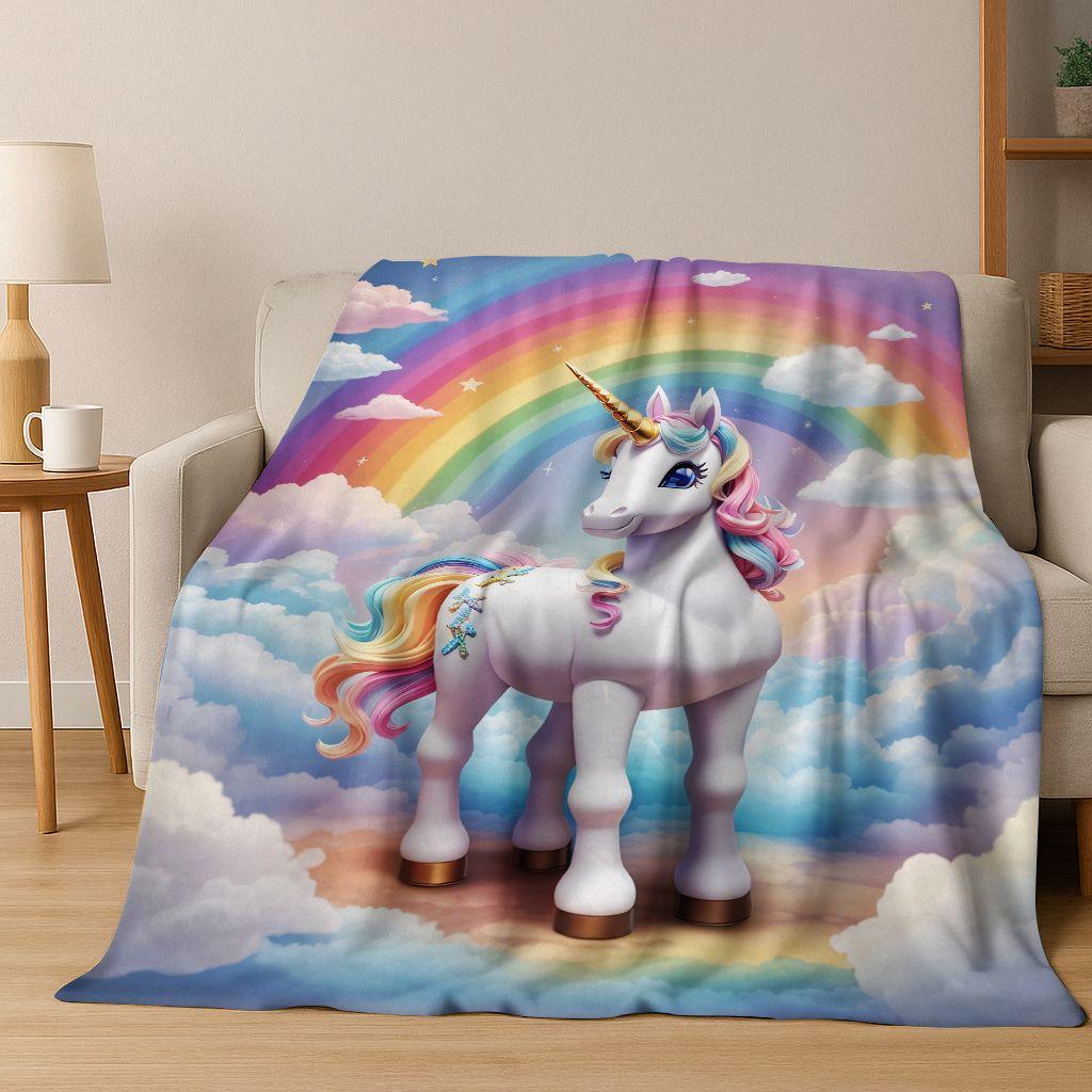 Kreslený duhový jednorožec Elfové Dívka Dárek Flanelová deka, Útulná měkká přehozová deka pro domov Ložnici Postel Pohovku Piknikový potah Děti