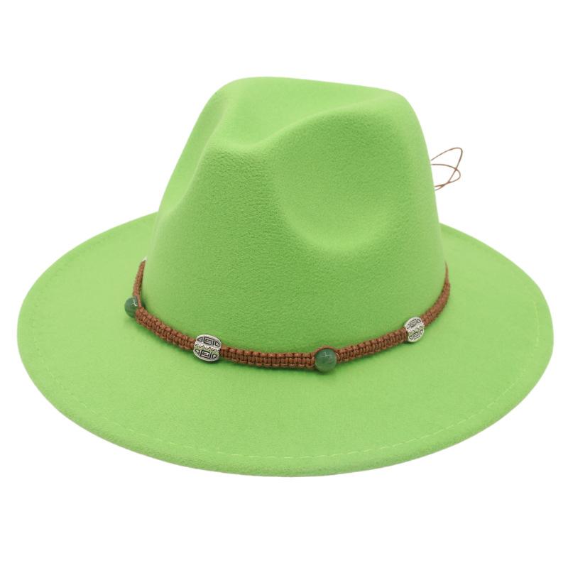 2023 New Top Hat Jade Accessories Woven Fleece Belt Foreign Trade Jazz Hat Big Eaves Show Small Face Big Head Circle Felt Hat