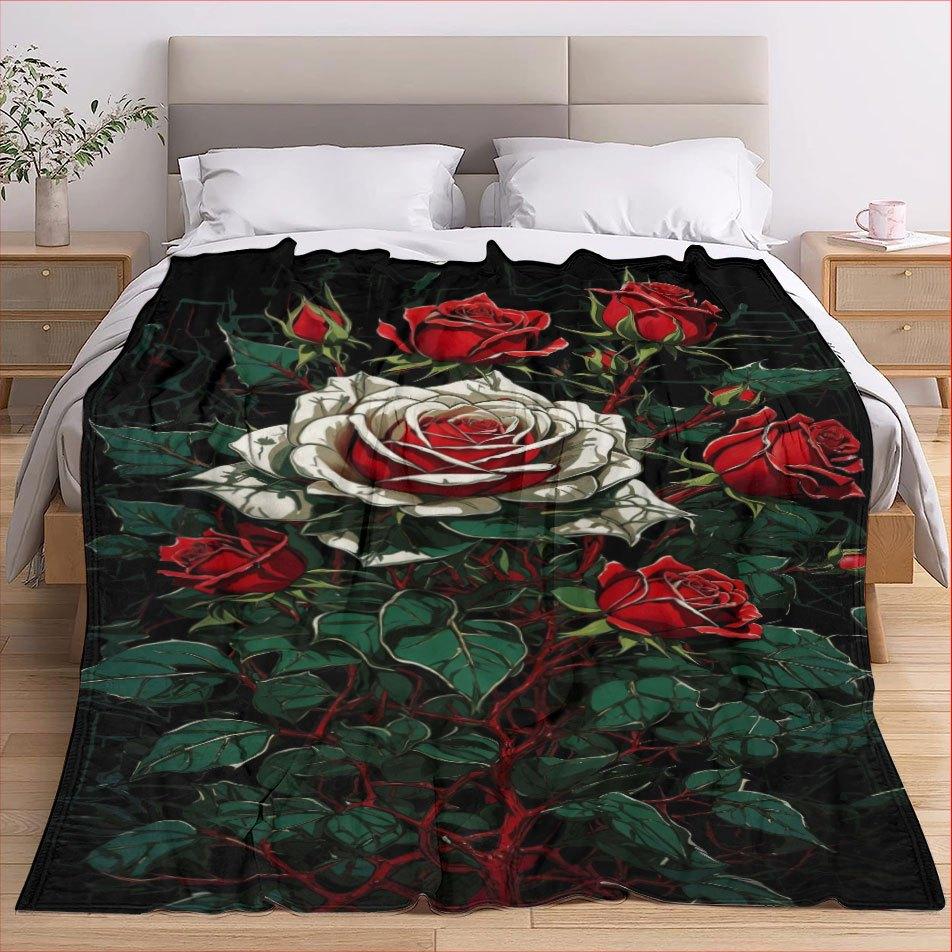 Red and White Rose Theme Pattern Flannel Printed Blanket Suitable for All Seasons Suitable for Living Room Office Sofa Travel