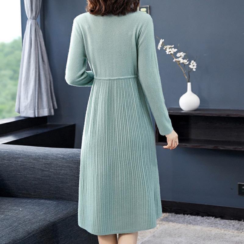 Knitted Dress for Women Autumn and Winter Waist Cinched Mid Length Sweater Dress Casual Base Over Knee Dress