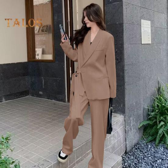 2 buc./set damă haină formală pantaloni set mâneci lungi închidere cu bretele cu nasturi Cardigan cu decolteu în V Jachetă de lungime mijlocie pantaloni drepti cu talie înaltă de afaceri formali