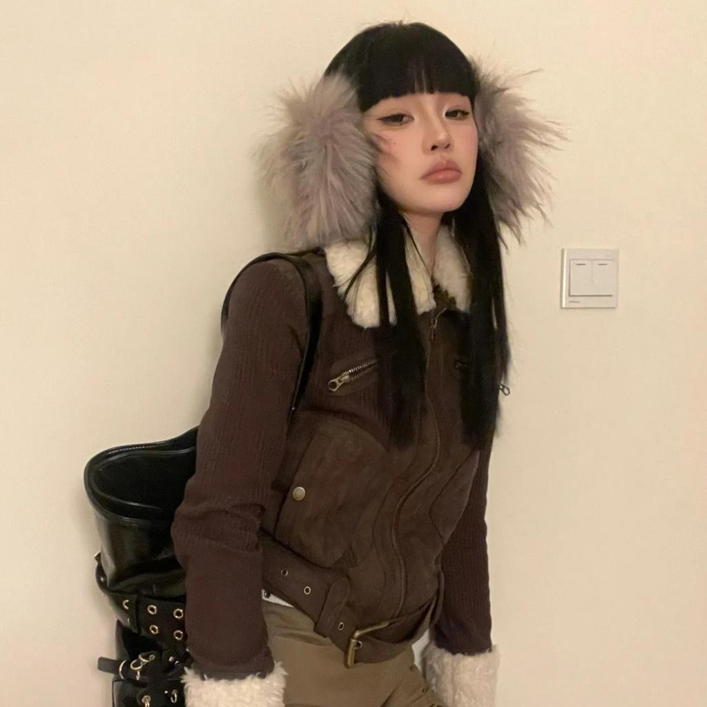 Y2k Fur Coat Women Vintage Harajuku Knitted Jacket Grunge Aesthetics Fur Collar Zipper Coat