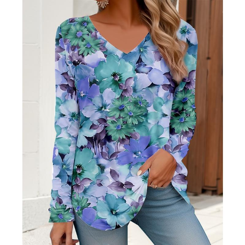 Women's T-Shirt Floral Graphic Flower Elegant Trendy Tees Long Sleeve T-shirts V-Neck Regular Tops Pullover Fall Winter
