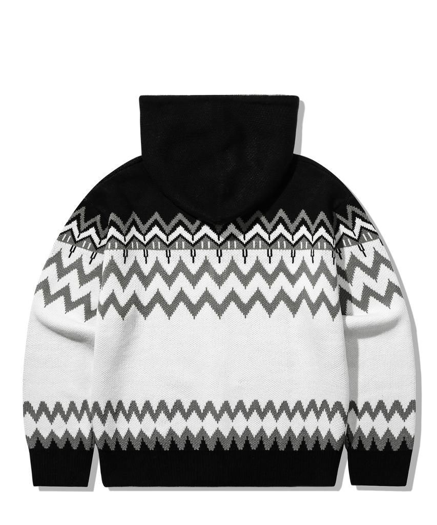 TRILLION Washable Nordic Jacquard 2-Way Hooded Zip-Up Knit [Black]