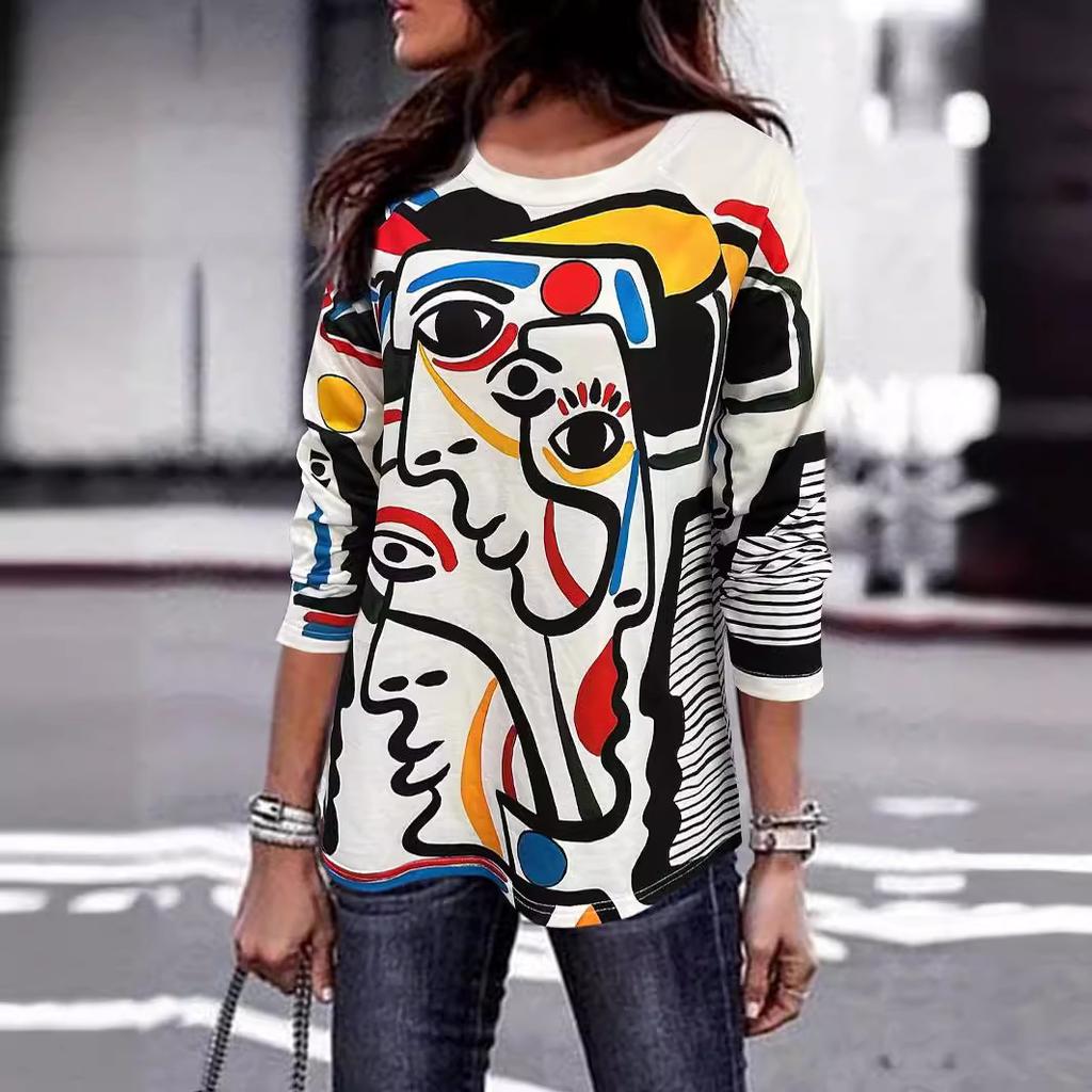 Spring and Autumn Round Neck 3D Abstract Art Printed Top Fashionable Casual Long Sleeved Women's T-shirts