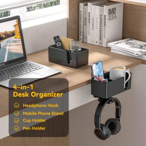 KDD 4-in-1 Desk Organizer - Headphone Stand with Drink Holder - Under-Desk Headphone Hook with Two Wire Holes - Rotating Headphone Hanger and Removabl