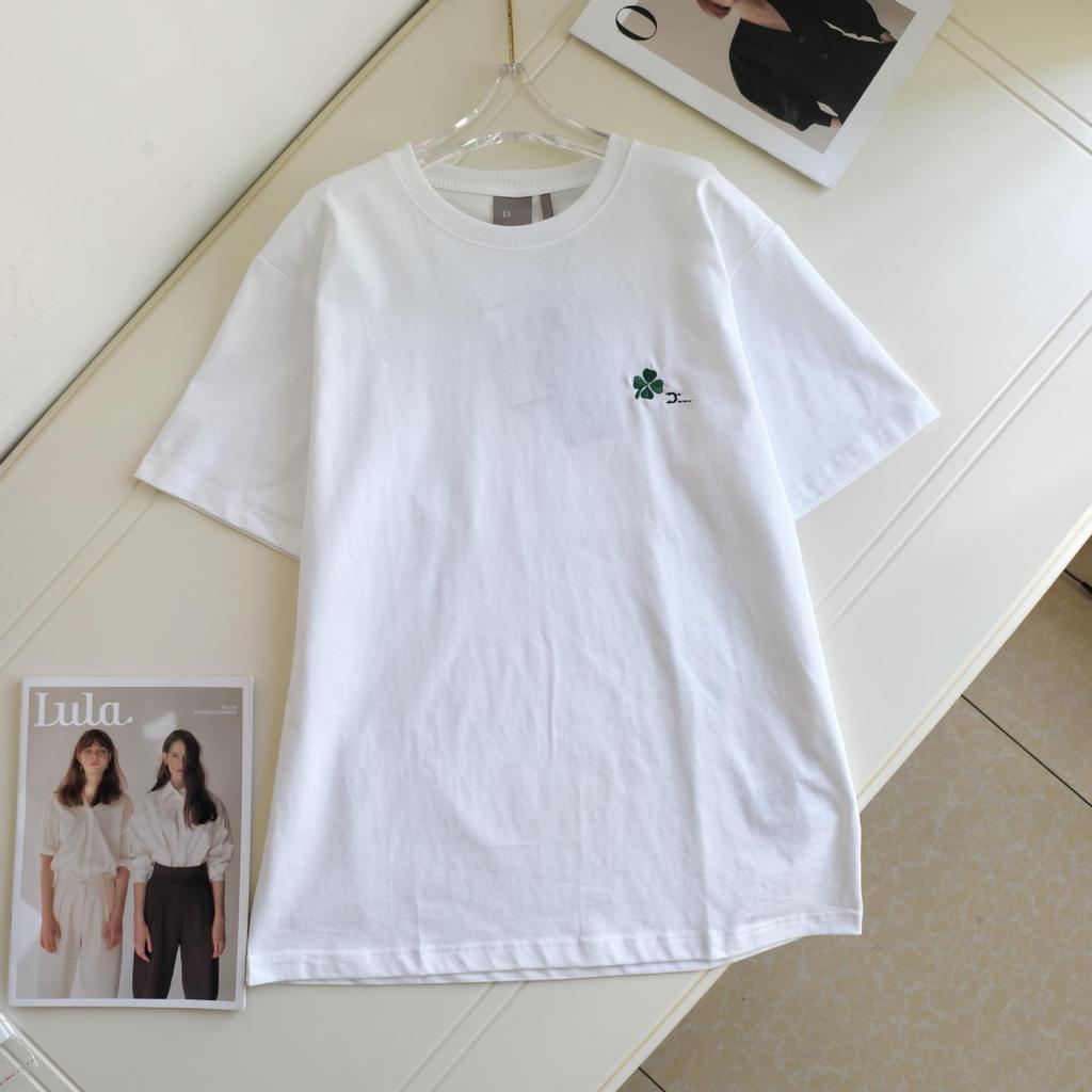 Unisex Four-Leaf Clover Embroidered Cotton Short Sleeve Top - Perfect Summer Casual Couple Outfit