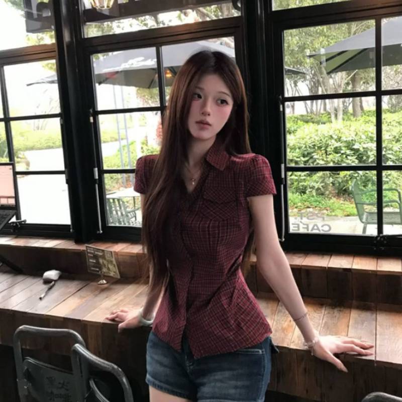 Yaz Moda Tutkunları İçin Dar Kesim Kore Vintage Kareli Kısa Kollu Gömlek