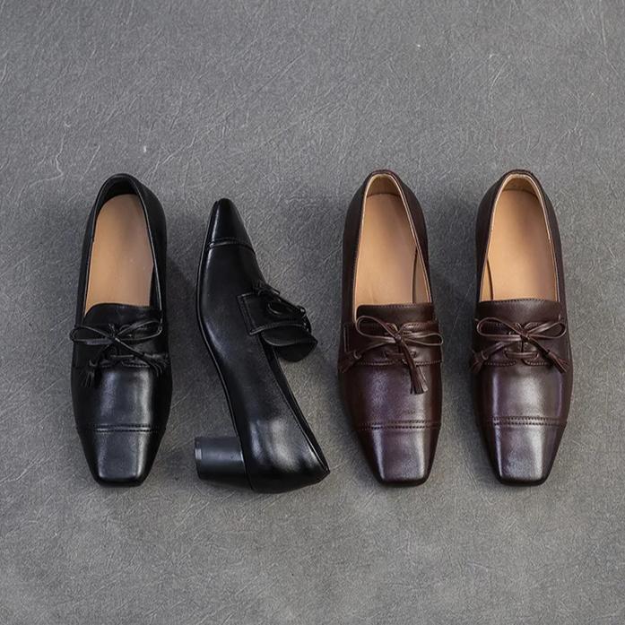 Johnature Retro Genuine Leather Pumps Square Toe Thick Heel Versatile Commuting Women's Shoes