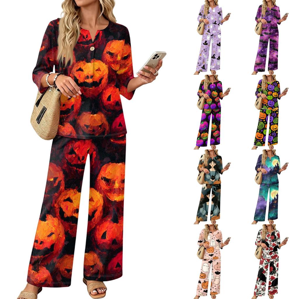 Women's Casual Printed 3/4 Sleeve Button Down Top and Wide Leg Pants 2 Piece Set