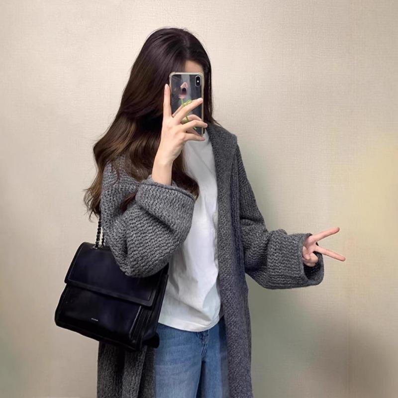 Autumn and winter new gray hooded medium and long knitted cardigan loose lazy style versatile sweater jacket women