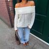 Women's Off Shoulder Cable Knit Sweater - Loose Fit White Long Sleeve Pullover Top for Fall Winter