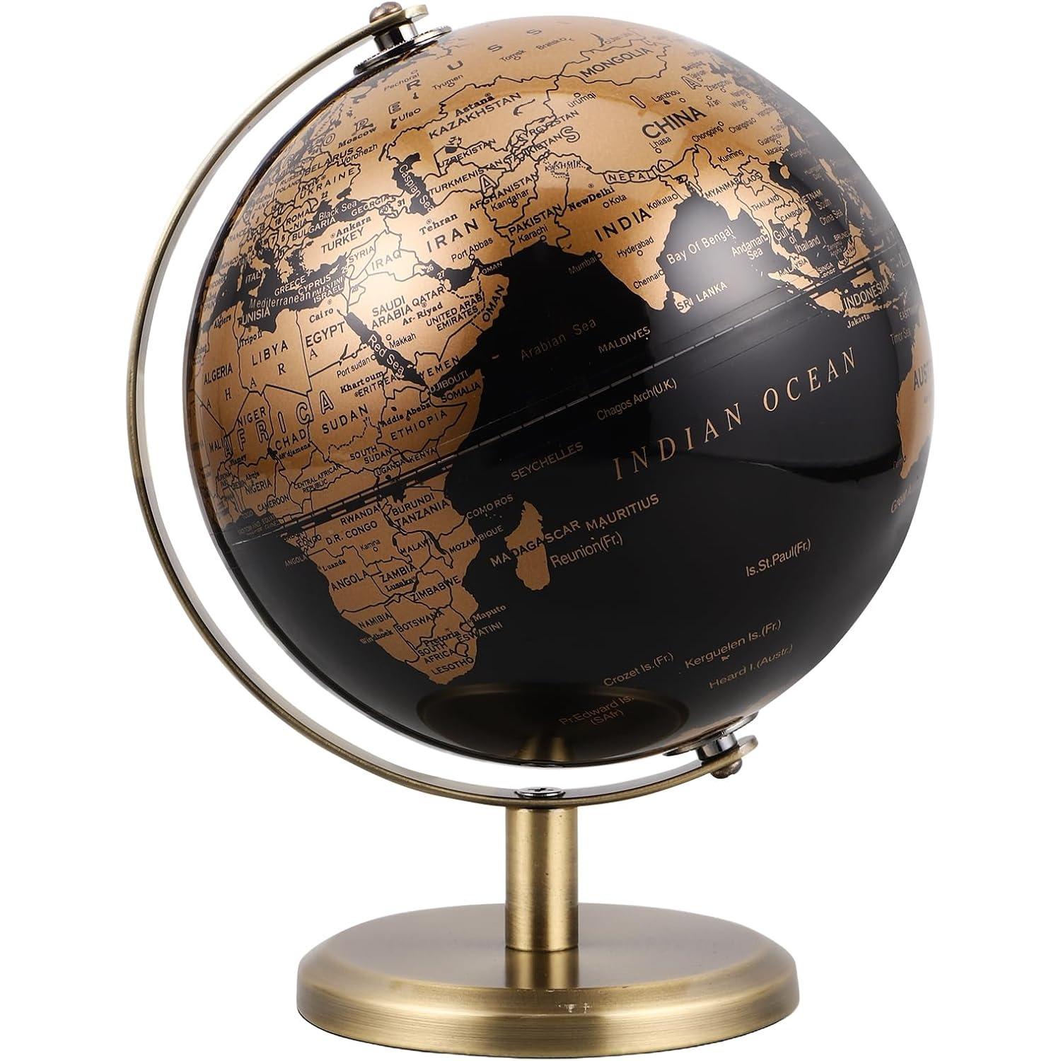 6 Inch Small World Globe with Antique Bronze Stand Black Gold Earth Desktop Decor for Kids & Adults Geography Learning Globe for Home Office Classroom