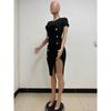 Summer Women's Double-breasted Black Dress Slit Slim Dress
