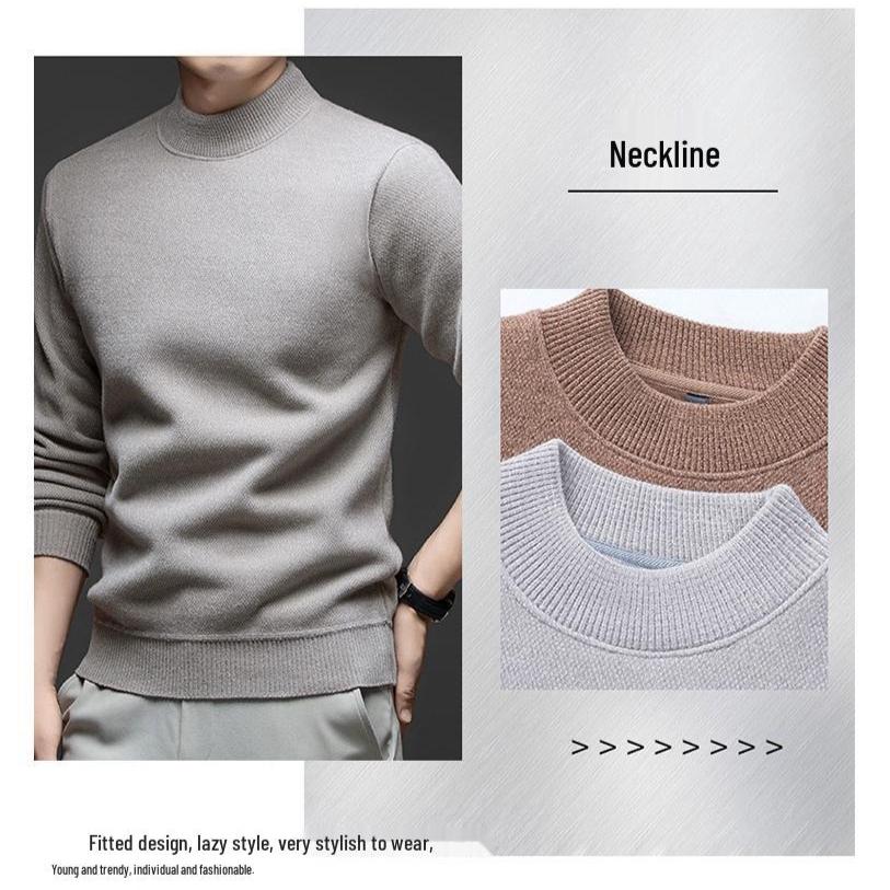 Men's Casual Half-High Neck Ferret Wool Sweater - Fleece Lined, Warm, Solid Color, Winter Knit.