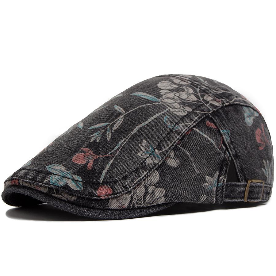 Washed Denim Print Beret Women Duck Tongue Shade Forward Hat Men's Retro Casual Painter Hat