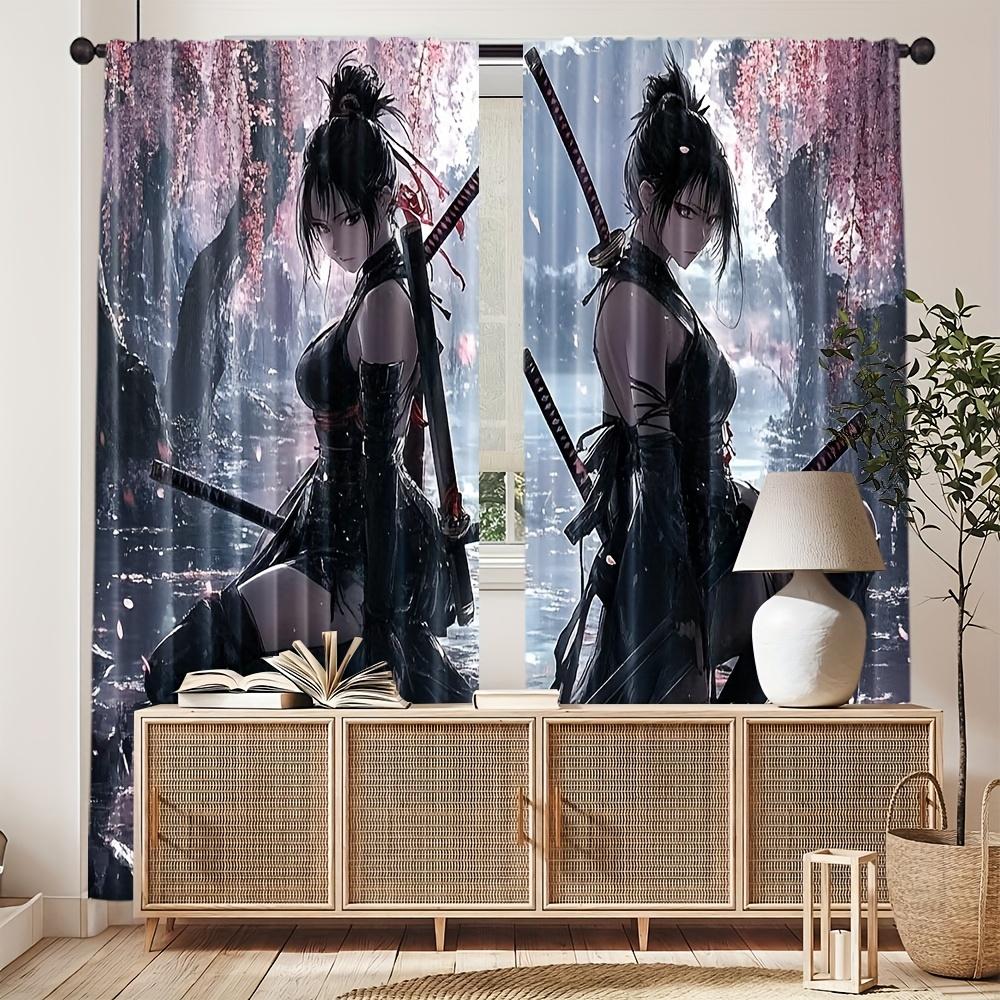 2pcs Anime Samurai Girl Print Curtains Cherry Blossom Background Japanese Style Dark Design Polyester Window Drapes for Bedroom