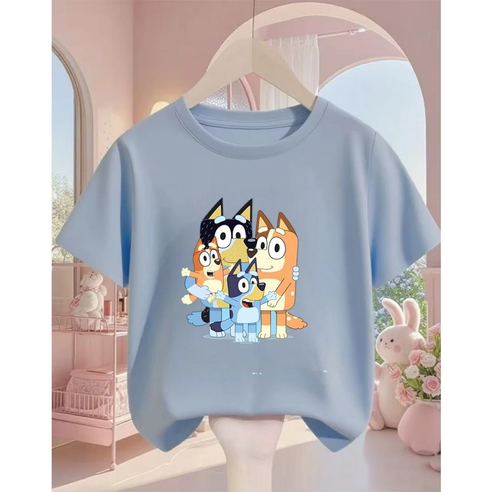 Popular Cartoon Children Tee Bluey Street Fashion For Boys Girls Summer Lightweight Casual Wear 3-14Y