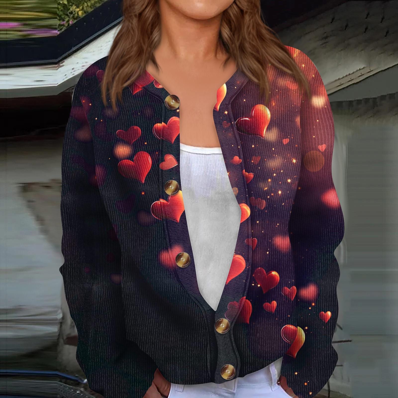 

Женский кардиган с длинными рукавами и принтом ко Дню святого Валентина, жакет на пуговицах L