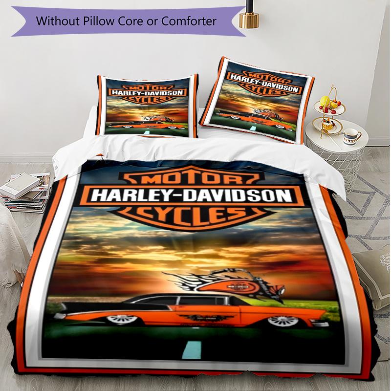 3pcs Duvet Cover Set (1*Duvet Cover + 2*Pillowcase, Without Core), Harley Davidson Print Soft All‑Season Bedding Set, Home Bedroom Decor Gift