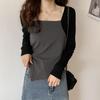 American Fake Two-piece Chic Square Neck Top for Women Spring and Autumn Splicing Irregular Design Bottoming Short Long-sleeved T-shirt