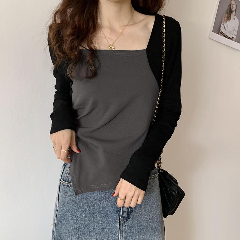 American Fake Two-piece Chic Square Neck Top for Women Spring and Autumn Splicing Irregular Design Bottoming Short Long-sleeved T-shirt