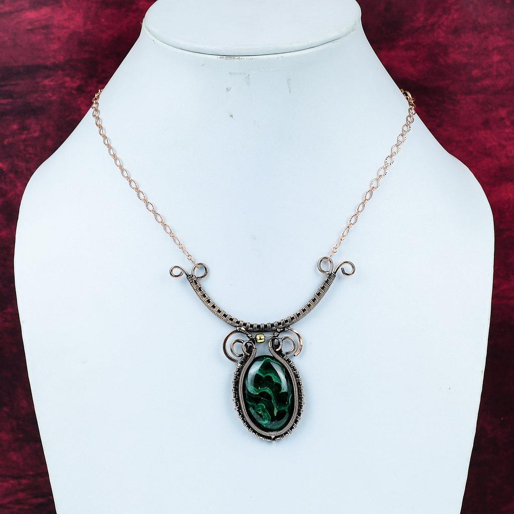 Malachite Necklace Copper Wire Wrapped Gemstone Necklace Adjustable Chain Necklace Handmade Necklace Copper Wire Wrap Jewelry Wedding Gifts