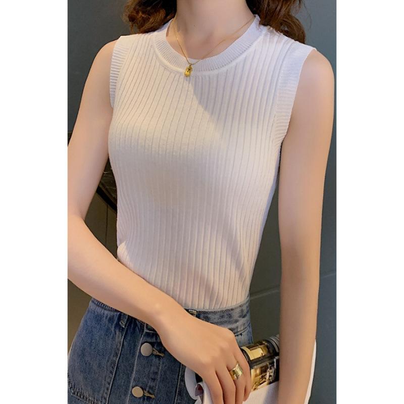 Gilet à bretelles femme printemps et été nouveau ajusté sans manches tricoté basique T-shirt à col rond élastique avec haut