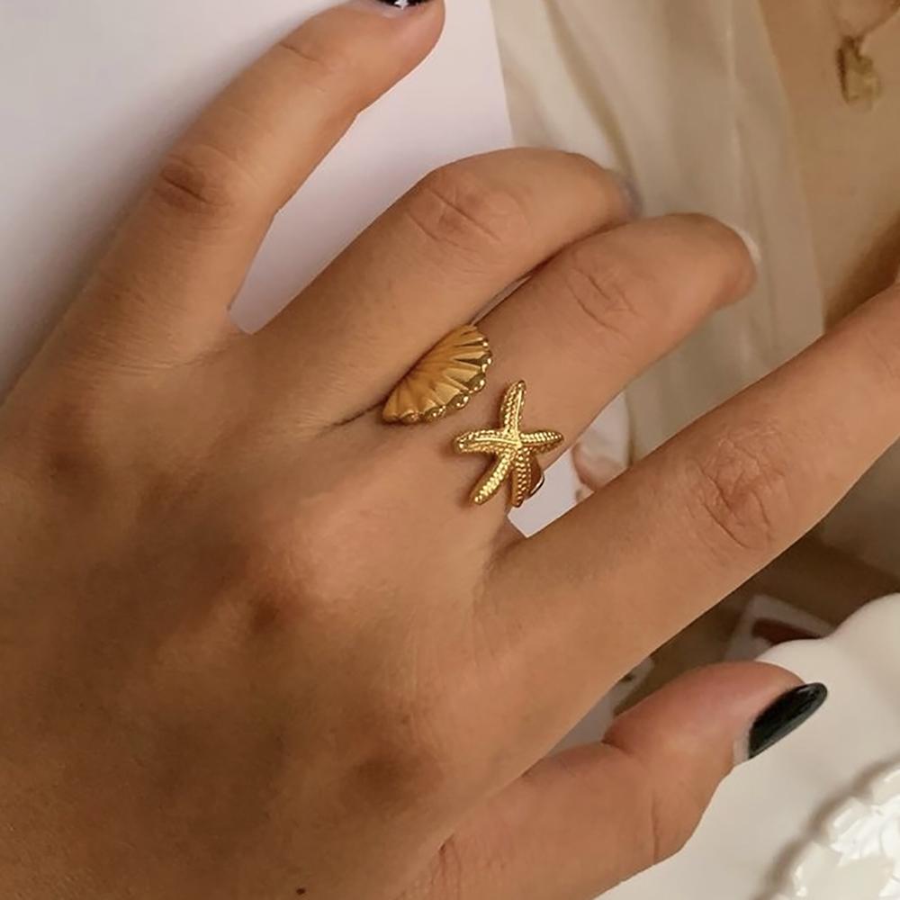 Vintage Starfish Shell Rings For Women Gold Color Stainless Steel Shell Openning Ring Wedding Ocean Summer Jewelry Gift