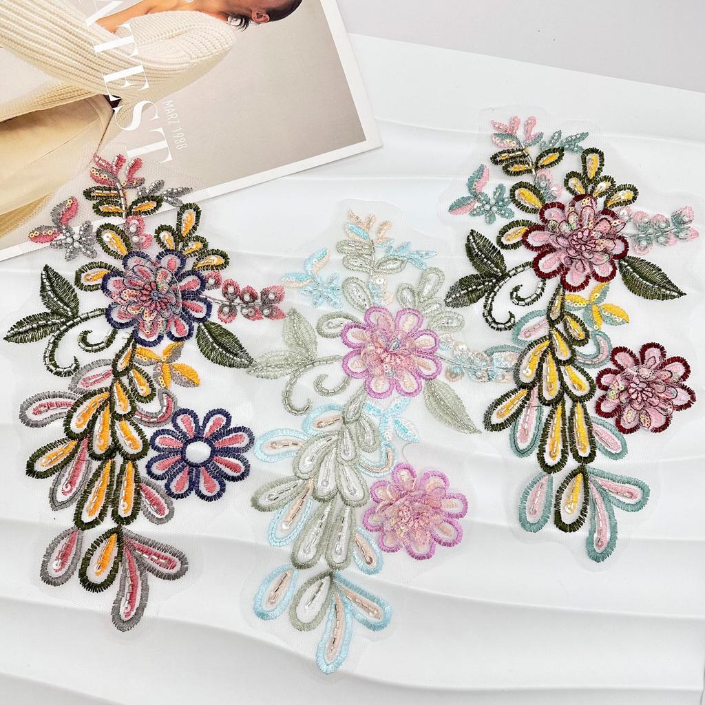 Color Three-Dimensional Flower Mesh Embroidery Cloth Sticker Bead Lace Patch Wedding Dress Cheongsam Clothes Skirt Cloth Sticker Accessories