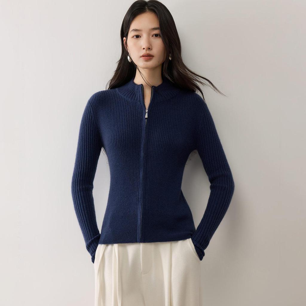 Lekasha Striped Cashmere Stand Collar Zip Cardigan
