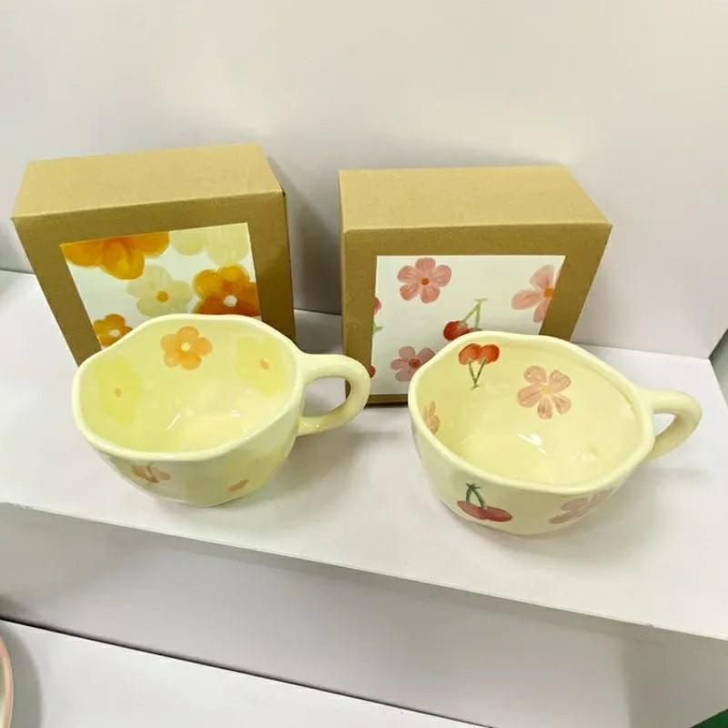 250ml Hand Pinched Irregular Flower Ceramic Mug Coffee Cup Milk Tea Cup Korean Style Oatmeal Breakfast Mug Drinkware Kitchen Cup