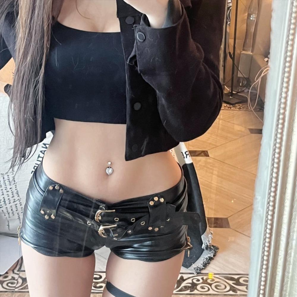 Dames Lage Taille Skinny PU Leer Korte Broek Micro Stretch Klinknagel Riem Y2K Vintage Sexy Club Hete Broekjes