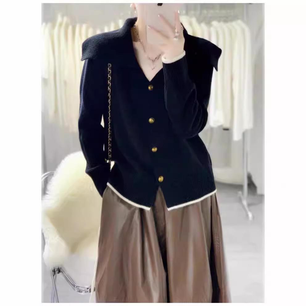 Women's 100% Wool Color Block Sailor Collar Cardigan - Thickened, Single-Breasted, Age-Reducing Knit for Autumn/Winter