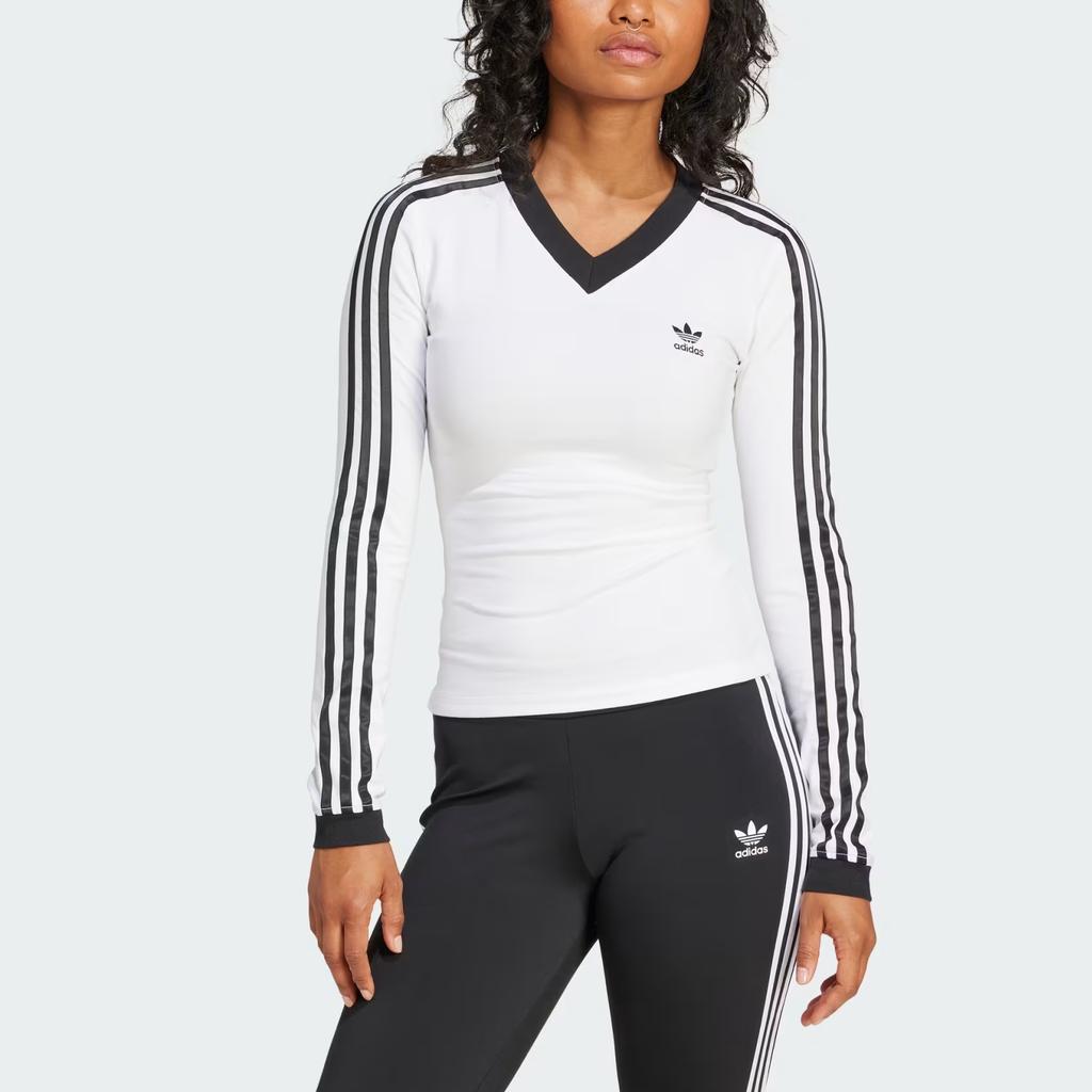 Adidas Originals Logo Streifen V-Ausschnitt Langarm T-Shirt Damen Oberteile Weiß JC8154