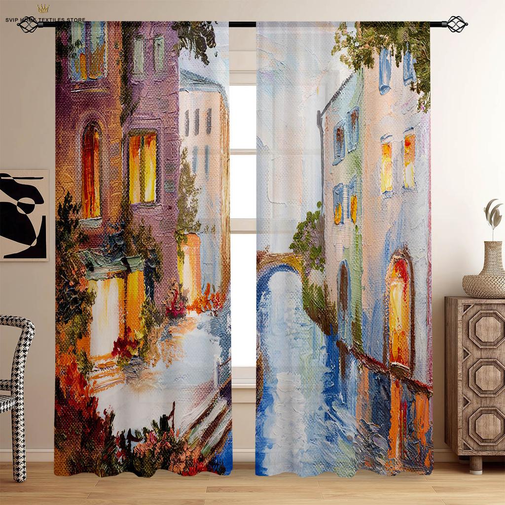 Starry Sky Floral Printed Curtains, Oil Painting, Suitable for Bedroom, Living Room, Dormitory, Decorative Home Decoration