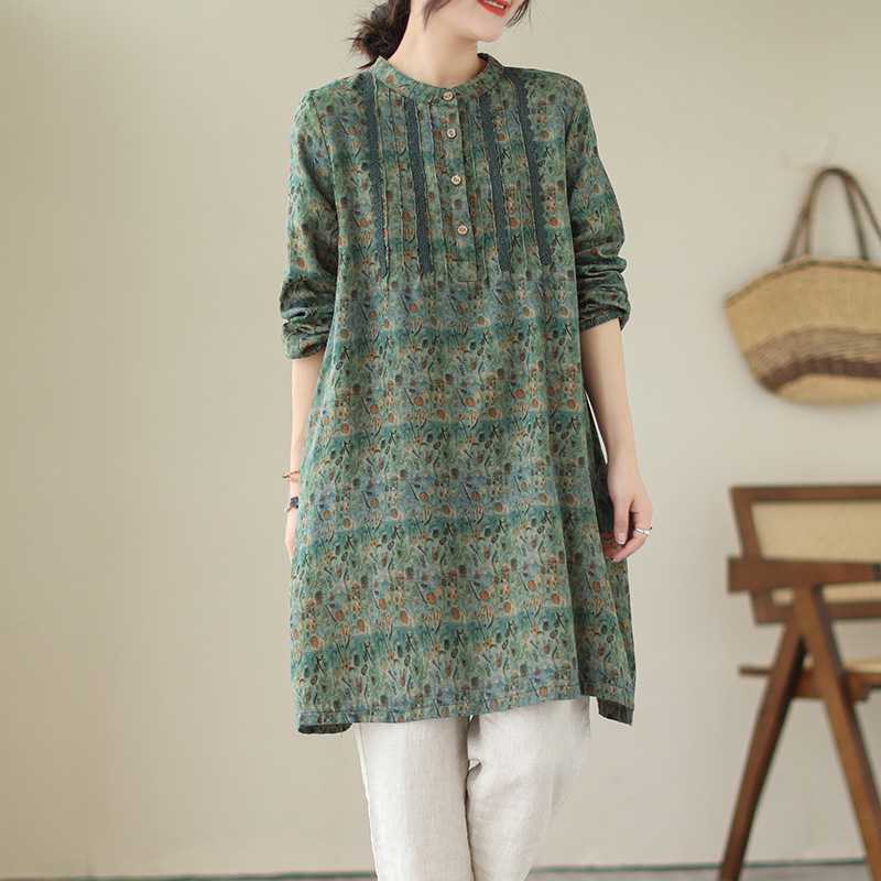 Women's Floral Print Cotton Linen Blend Long Sleeve Tunic Dress Pleated Stand Collar Loose Fit Casual Midi Shirt Dress