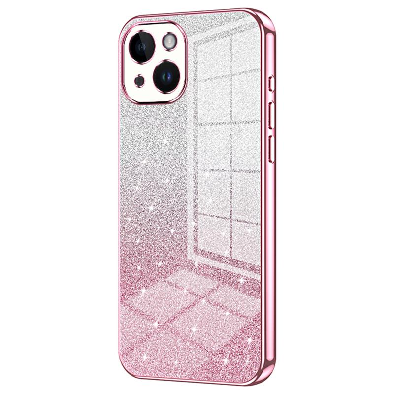 

For iPhone 14 Cell Phone Case Gradient Glitter Precise Cutout TPU Back Cover Pink