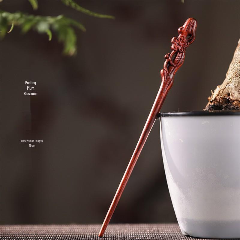 Red Sandalwood Women's Retro Hanfu Hairpins: Hollow Carved Moon Rabbit Wooden Ornaments