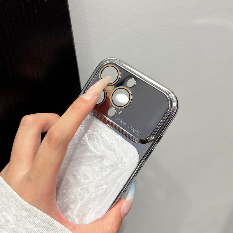 Elegant White Resin Apple Phone Case: Full Coverage for iPhone 13, 14, 15, 16 Pro Max, Large Window, Electroplated Finish for Women