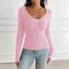 Maglia da donna casual a maniche lunghe con scollo a V, elasticizzata, aderente, per vacanze