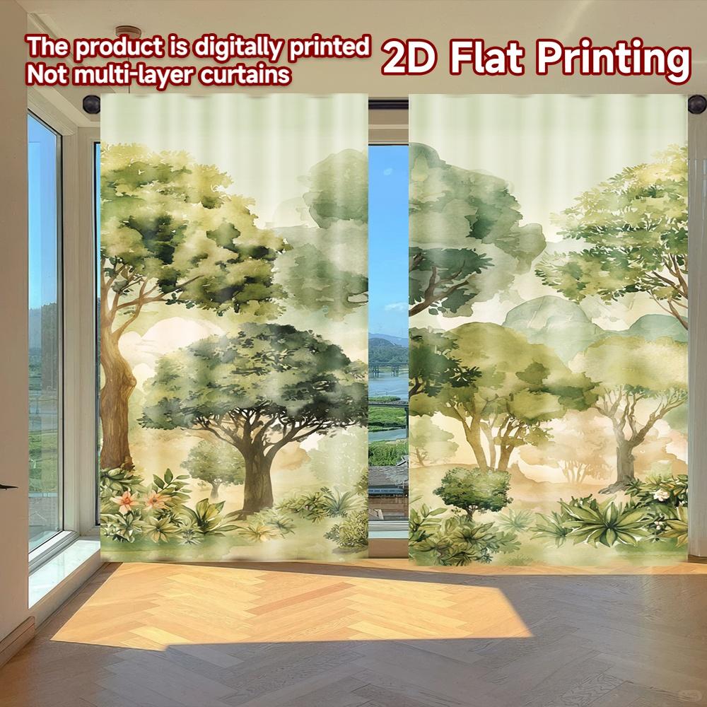 

Flat Printing Curtains Without Rod Forest Greenery Design New Year Holiday Versatile Fabric Curtain Set Of 2 Made Polyester Washable W100*H70(CM)-Grommet top&2PCS