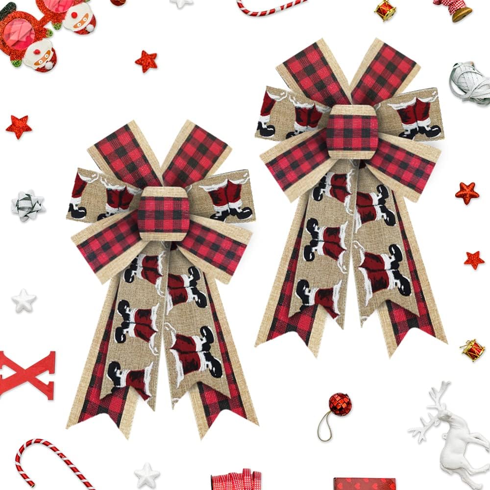 

2pcs Christmas Wreath Bows Christmas Santa Foot Red Brown Plaid Burlap Bow for Wreaths Tree Topper Bow for Decor Wreath Supplies 12.99 x 8.46 in