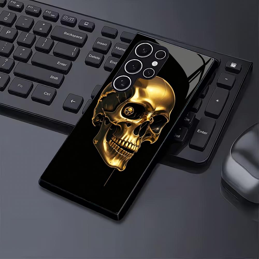 Gold Skull Black Glass Phone Case Suitable for Samsung Galaxy S26 S25 S24 S23 S22 S21 S20 FE/Ultra/Plus Anti Drop Back Cover