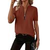 Womens Ribbed Knit Half Zip T Shirt With Stand Collar Short Sleeve Casual Slim Fit Top