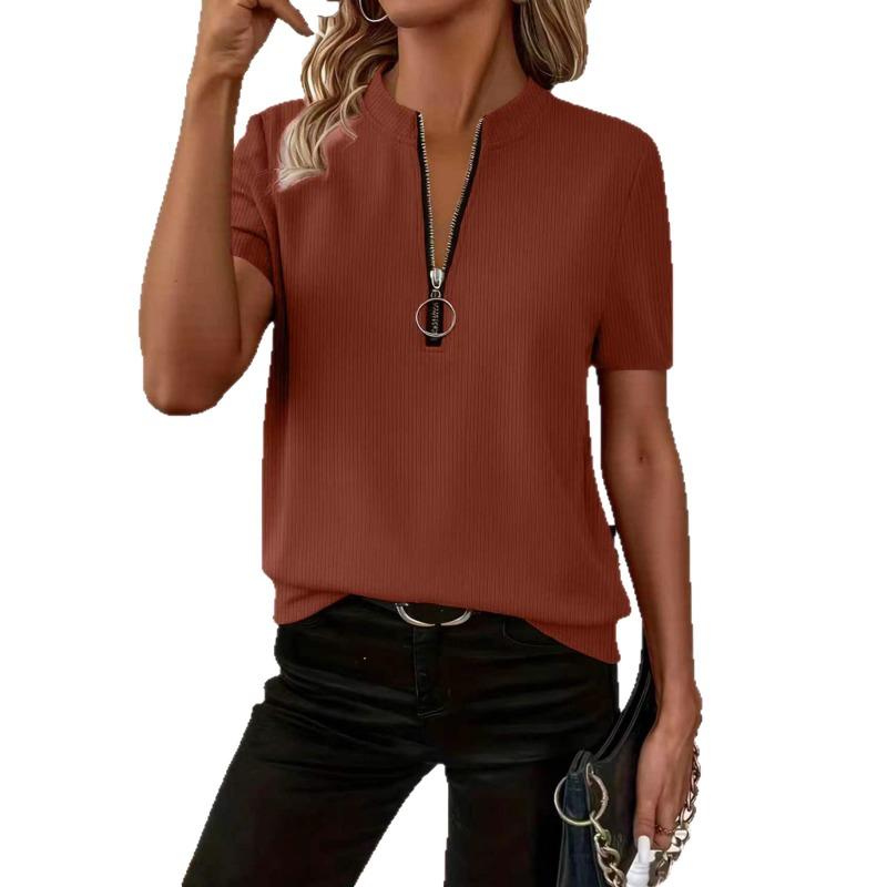 Womens Ribbed Knit Half Zip T Shirt With Stand Collar Short Sleeve Casual Slim Fit Top